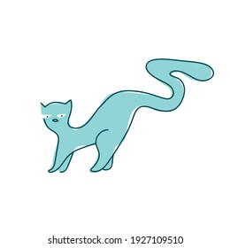 gato con cola larga, ilustración vectorial de línea de gato azul en estilo infantil