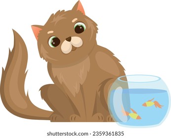 Cat look at fish tank. Funny kitten character isolated on white background