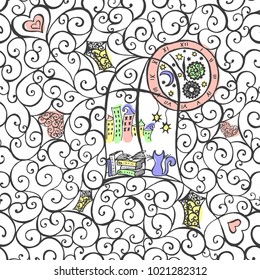 Cat look out the window, hand drawn illustration. Seamless pattern. Vector illustration