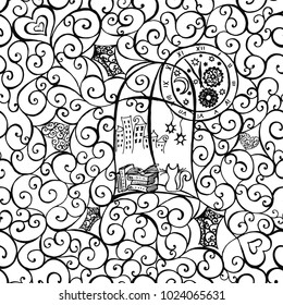 Cat look out the window, hand drawn illustration. Seamless pattern. Vector illustration
