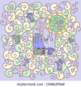 Cat look out the window, hand drawn illustration. Heart, lantern, watch. Vector illustration