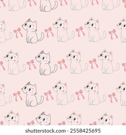 The cat looked up suspiciously. Big, sparkling eyes. Tail pointed up. Long pink ribbon on the tail.Vector seamless pattern.
