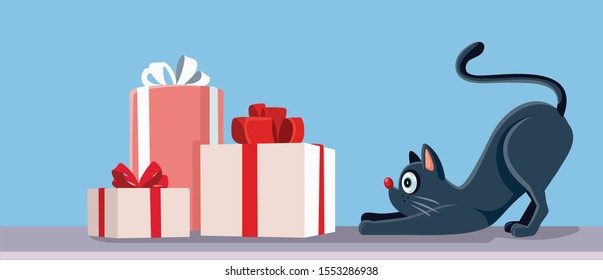 Cat Looking at Christmas Presents Vector Banner. Adorable pet animal checking a pile of wrapped gifts
