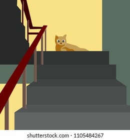 A cat looking down while sitting on the stairwell illustration.