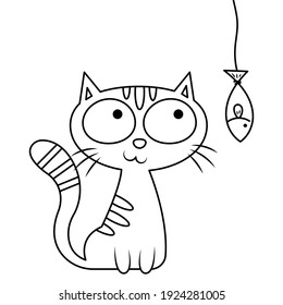 Cat looking at hanging fish vector illustration cartoon isolated on white background. Cute kitten vector cartoon coloring page.