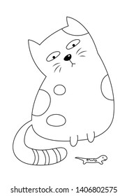 A cat looking at the house lizard vector illustration cartoon. Cute kitty cat and house lizard colorless for coloring page.  