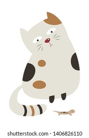 A cat looking at the house lizard vector illustration cartoon. Cute kitty cat and house lizard pastel cartoon isolated on white background. 