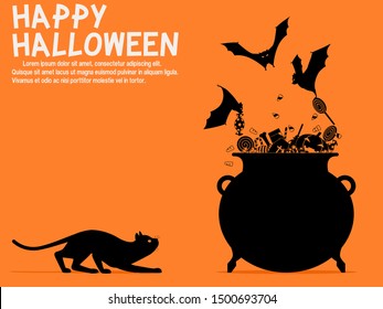A cat is looking at many bats are stealing candy in the  witch's  pot
