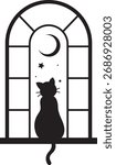 cat looking moon night sky window stars dreamy silhouette cozy night illustration peaceful pet art calm atmosphere celestial feline stargazing cute animal design