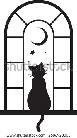 cat looking moon night sky window stars dreamy silhouette cozy night illustration peaceful pet art calm atmosphere celestial feline stargazing cute animal design