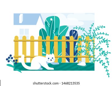 Cat Looking at Mouse in Garden near Fence with Plants Flat Cartoon Vector Illustration. Funny White Character Chasing Mice. Kitten Hunting Small Pet. Big Huse on Background. Bushes and Flowers.
