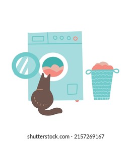 Cat looking in open washing machine. Washer and laundry basket with clothes. Cozy home concept. Vector flat illustration.