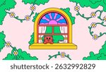 Cat looking out of an arched window framed by curtains and morning sunlight. surrounded by green foliage and white daisies in cartoon hand drawn style for cartoon background illustration
