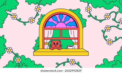 Cat looking out of an arched window framed by curtains and morning sunlight. surrounded by green foliage and white daisies in cartoon hand drawn style for cartoon background illustration