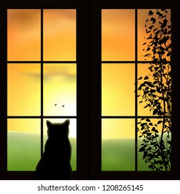 A cat looking out a window. Green field, sunset, sunrise, tree, birds. Orange sky, silhouettes. Vector illustration.