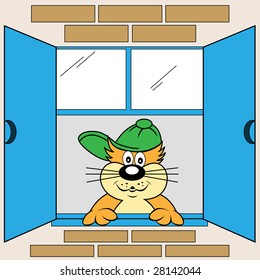 Cat looking out the window wearing his baseball cap. Raster also available.