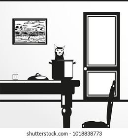 A cat looking from a pot standing on a table. Vector illustration in black and white style.