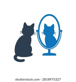 Cat looking at reflection in mirror flat icon, International Cat Day concept