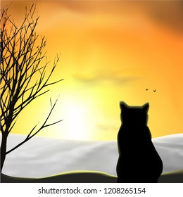 A cat looking at snow field, sunset, sunrise, tree, birds. Orange sky, silhouettes. Vector illustration.