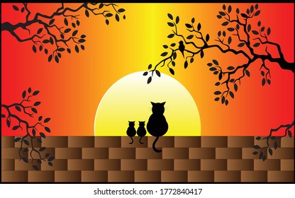 Cat looking at sunset landscape scenery, vector illustration