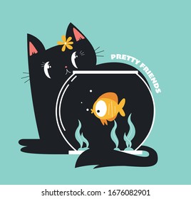 Cat Looking Through Aquarium Glass. Playing With Gold Fish. Big Eyes. Swimming Goldfish. Paw Print Hand. Cute Cartoon Kawaii Funny Baby Character. Flat Design. White Background. Vector Illustration