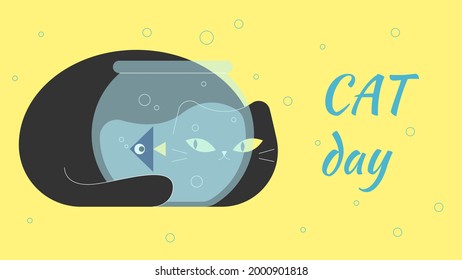 Cat looking through aquarium glass. Playing with fish. Postcard for the international cat day on August 8. Funny cartoon cat is sitting in a box. Happy animals Print to greeting card, poster, flyer.