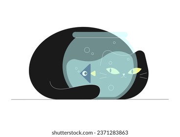 Gato mirando a través de vidrio acuario jugando con peces. Cute caricatura kawaii personaje de gato gracioso. Ilustración del vector