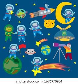 Cat looking through telescope comet on sky, standing on planet isolated on cosmic spaced vector illustration. Kitten in uniform spacesuit walk in space, sitting in rocket, spaceship, on moon, stars.