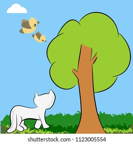 Cat Looking At Two Birds Flying Towards A Tree Vector Illustration