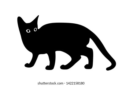 Cat looks back. Black silhouette isolated on white background. Can be used as a sticker template. Flat design. Vector illustration.