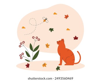 A cat looks at a bee flying in the garden in fall season, vector illustration.