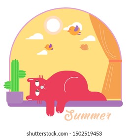 Cat looks at the birds in summer vector illustration