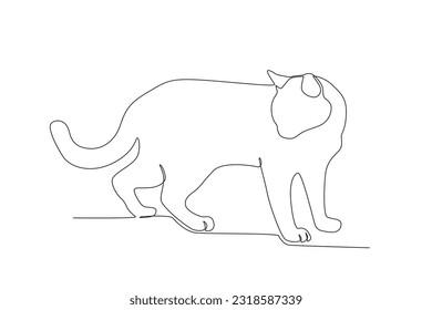 A cat looks down at its food. International cat day one-line drawing