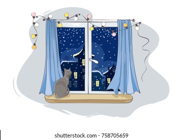 Cat Looks At The Falling Snow / Gray Cat In The House On The Window Waiting For The Host, Christmas Is Coming, Vector Illustration