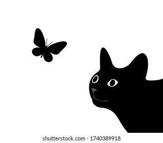The cat looks at the flying butterfly. Vector black silhouettes isolated on a white background. The Symbol Of Halloween. Can be used as a sticker template. Flat style.
