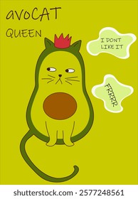 the cat looks like an avocado with ears, a tail and a grain instead of a belly, with a crown on its head and a funny caption