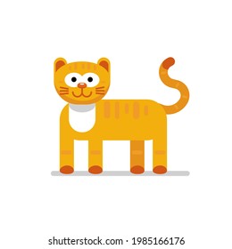 The cat looks like a tiger cub, cartoon illustration. Adorable red-haired tabby cat on a white background. Suitable as a print, icon, logo. Nice and fun. Simple shapes are used.