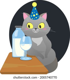 The Cat Looks At The Milk And Wants To Drink It. It's The Cat's Birthday.