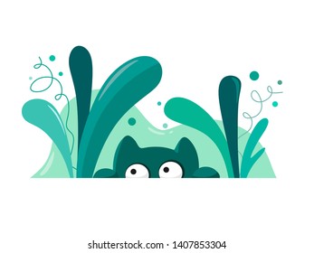Cat looks out
from the bushes. Vector animal isolate in cartoon style on white background. Bright and creative illustration