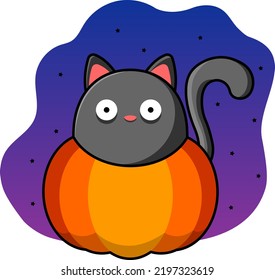 The cat looks out of the pumpkin. Flat vector illustration. Halloween illustration