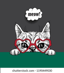 The cat looks out from under a table, vector illustration