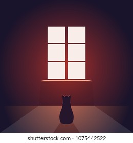 Cat looks out the window. Empty evening or night room with light from the window on the floor. Pet miss. Concept vector illustration