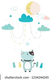 Cat looks at the sky with the moon and clouds. Vector illustration in a Scandinavian style. Perfect for posters and covers.