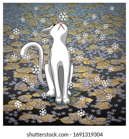 The cat looks at the snowflake. Vector illustration