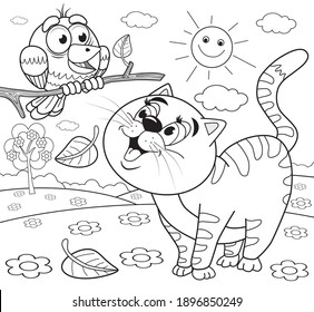 The cat looks at the sparrow coloring pages for children