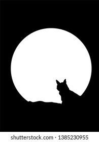 cat looks thoughtfully at the moon, silhouette, black and white drawing	