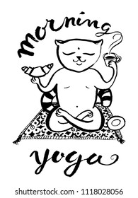 Cat in the Lotus position and drinking coffee. Vector