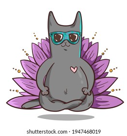 Cat in lotus position and lotus, cat meditates, om, yoga, relax, relaxation, yoga mat design