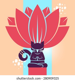 Cat In Lotus Position. Vector illustration.  Cat meditating in the lotus position with a big flower on the background.