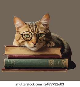 A cat lounging on a stack of books with glasses, looking scholarly.